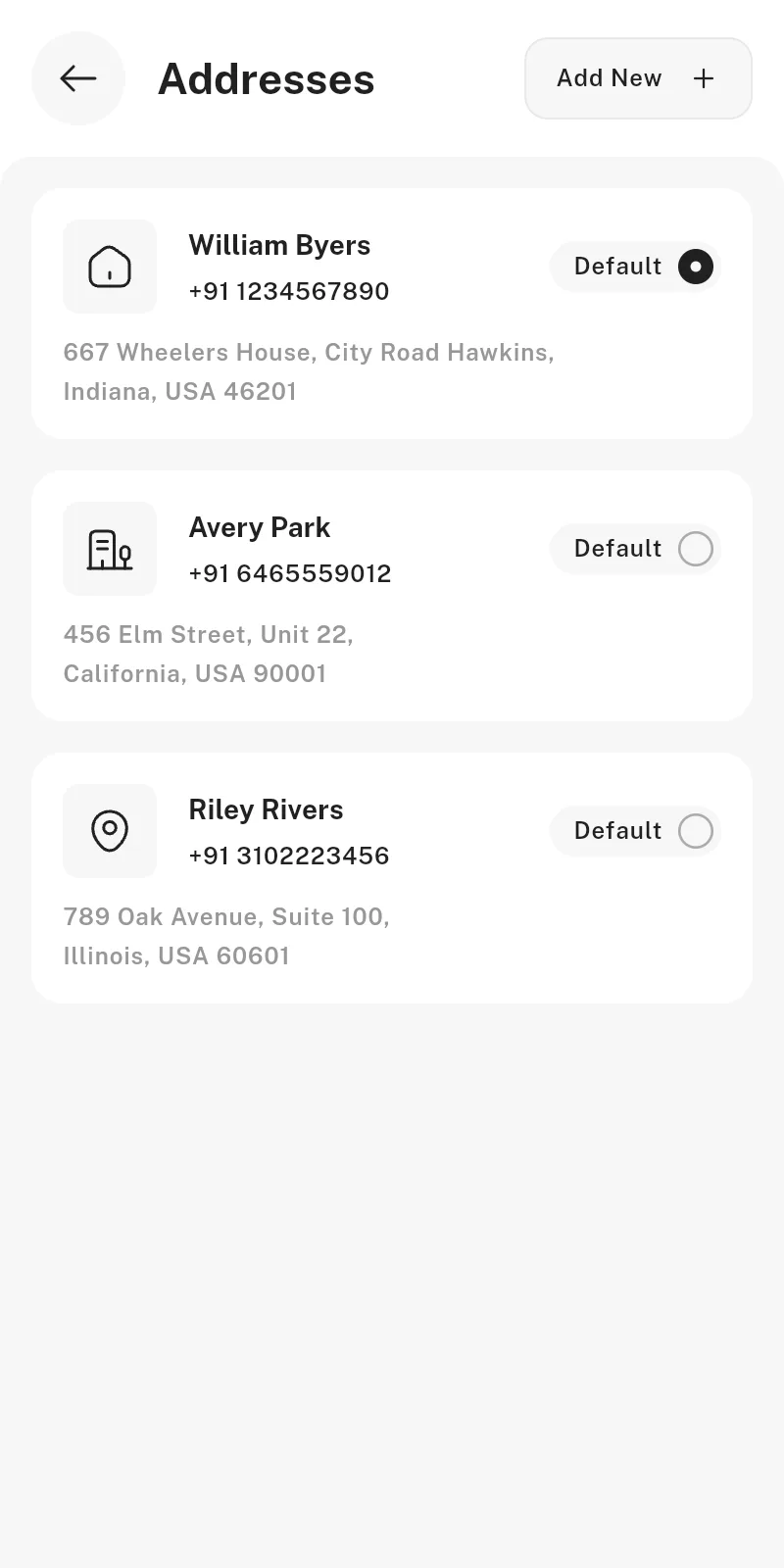 Addresses screen
