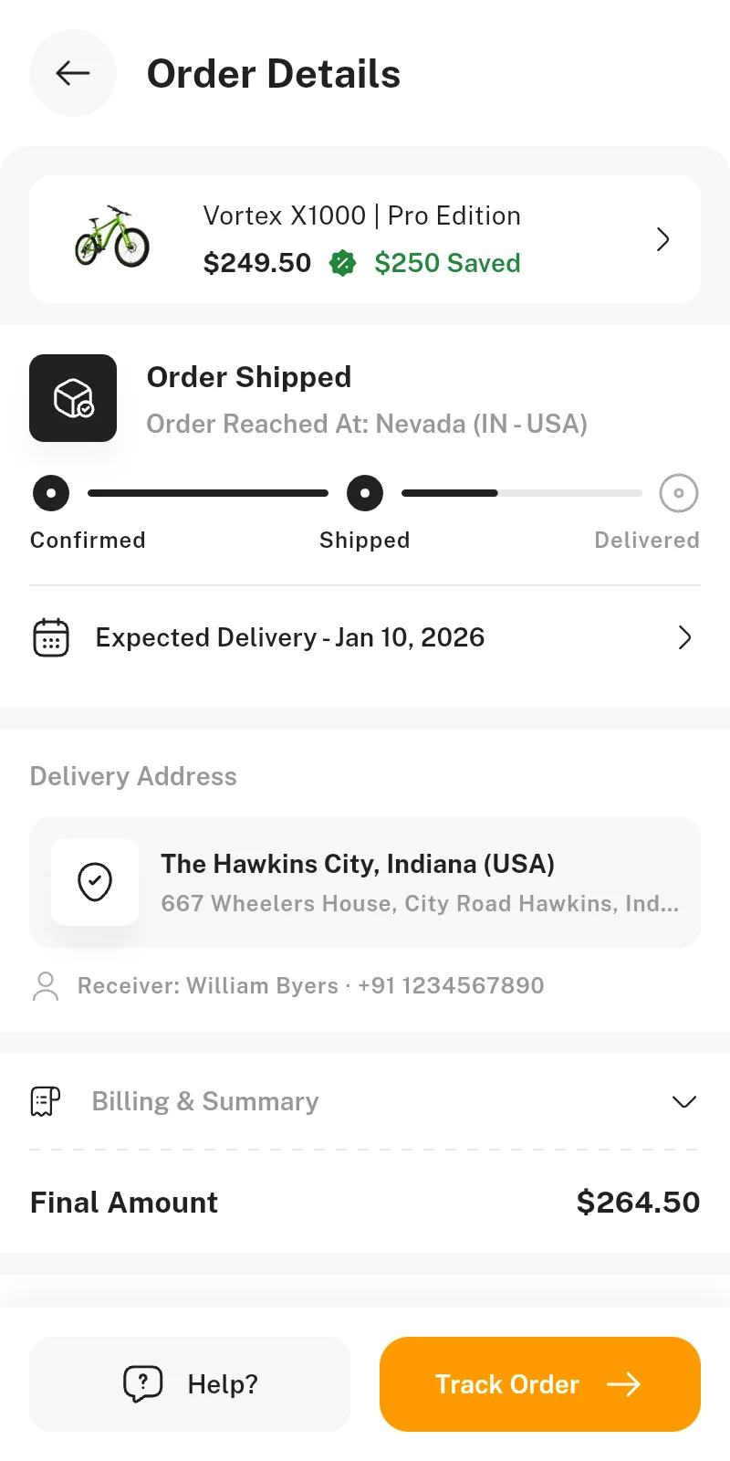 Order Details screen
