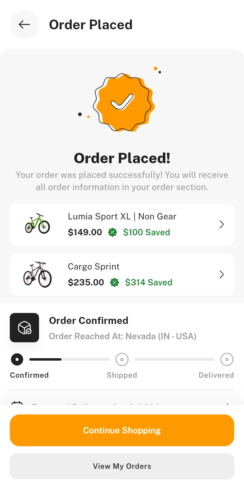 Order Placed screen