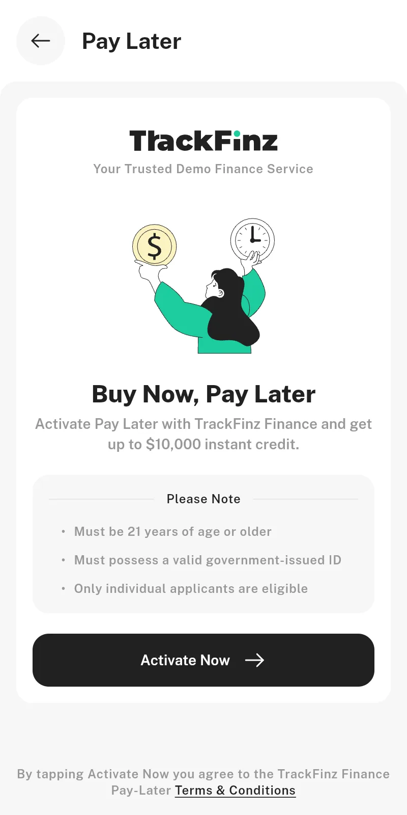 Pay Later activation screen